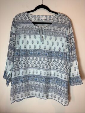 J. Jill Blue Floral Boho Tunic Blouse Tassel Tie Lightweight Size Large
